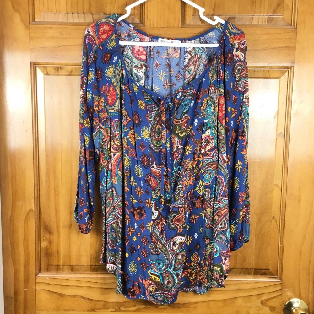 Figueroa & Flower Blue‎ Paisley Patchwork Peasant Blouse Lg Indie Hippie